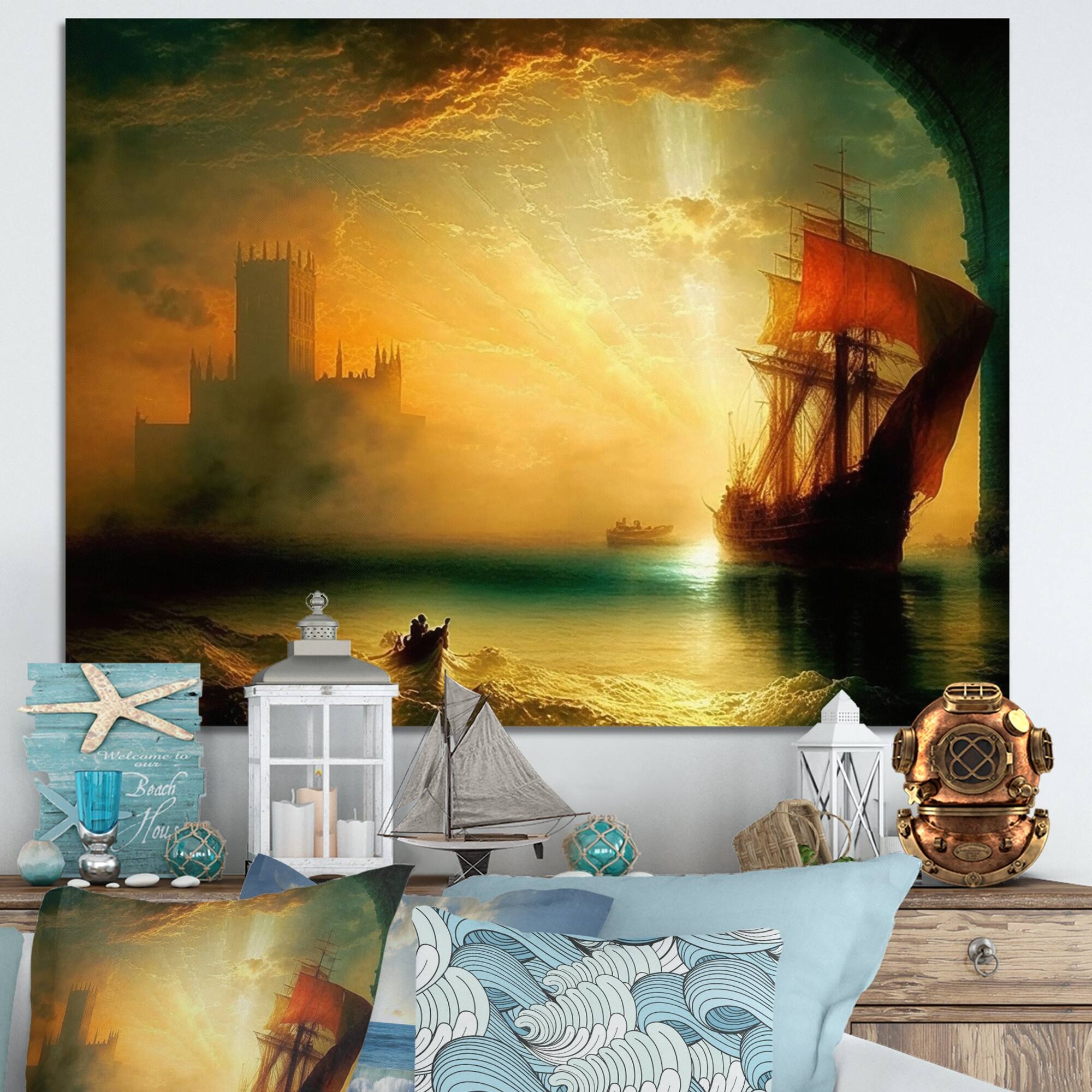 Designart "Sailboat During Exotic Sunset II" Coastal Boat Canvas Wall